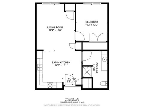 Floor plan for 1 bed, 1 bath, 680 sqft